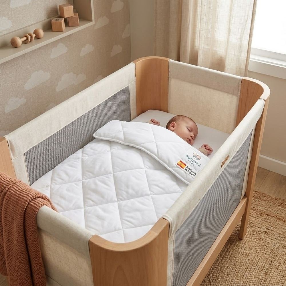 Bebé durmiendo con el edredón nórdico Bambini Mum en su cuna