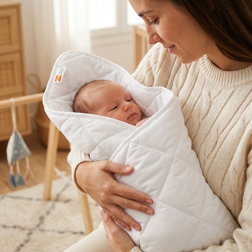 Madre sujetando a su bebé envuelto en el edredón nórdico Bambini Mum
