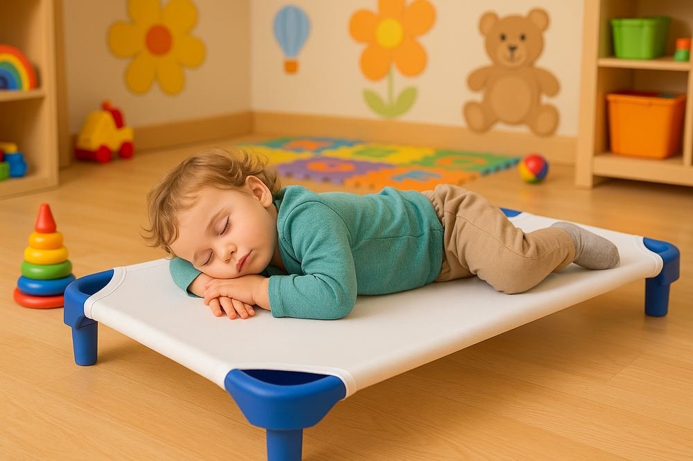 Niño durmiendo sobre cama apilable de guardería con sábana bajera Bambini Mum